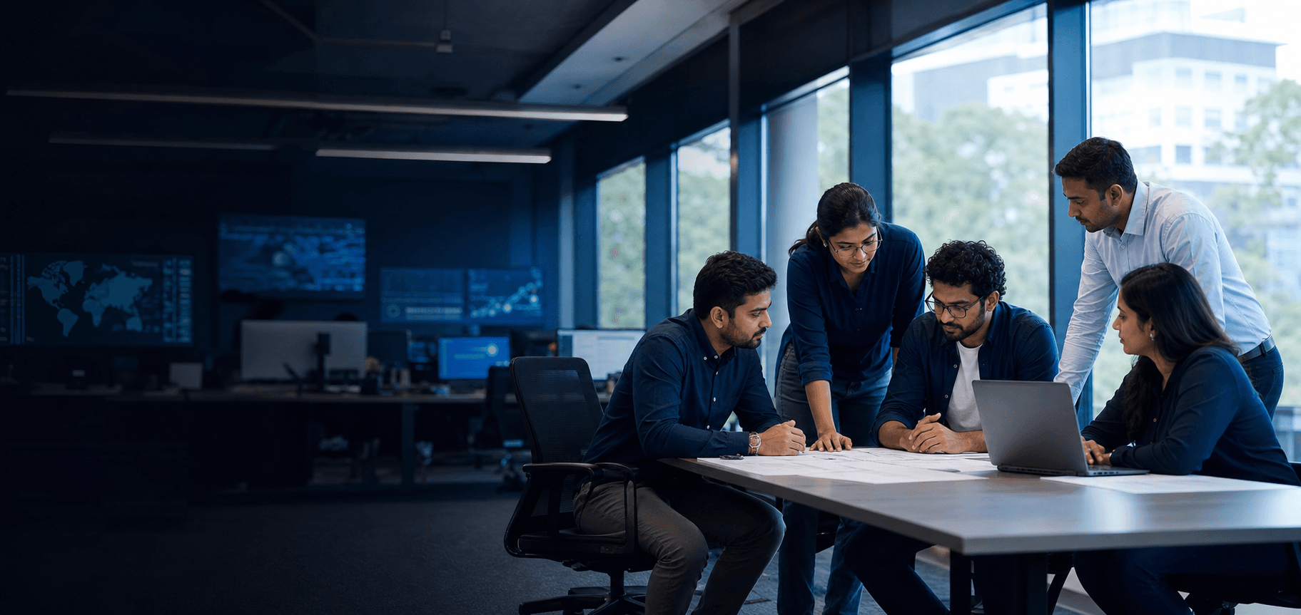 AI-generated scene of an Indian technology team collaborating in an enterprise operations studio